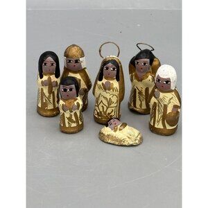 Mexican Pottery Nativity Figures vintage Gold and White Miniature Folk Art